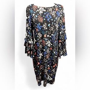 Calvin Klein Black Floral Long Sleeve Ruffle Dress